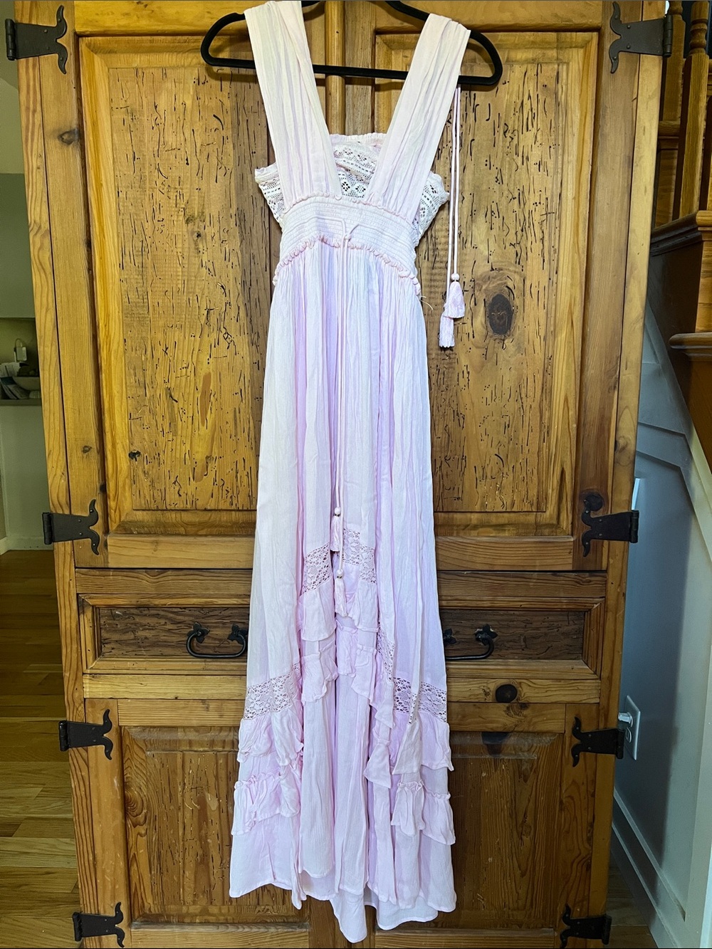 Free People Light Pink Tiered Maxi Dress with Lace Bodice